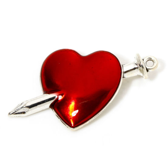 Picture of 5 PCs Zinc Based Alloy Halloween Pendants Antique Silver Color Red Nail Heart Enamel 3.8cm x 2.1cm