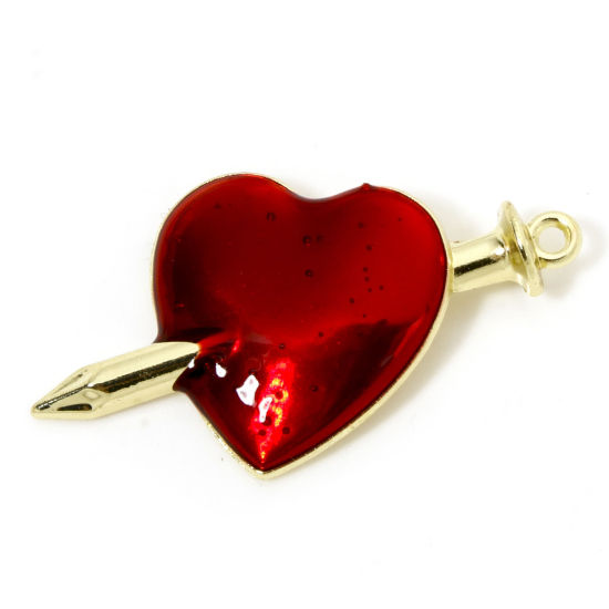 Picture of 5 PCs Zinc Based Alloy Halloween Pendants Gold Plated Red Nail Heart Enamel 3.8cm x 2.1cm