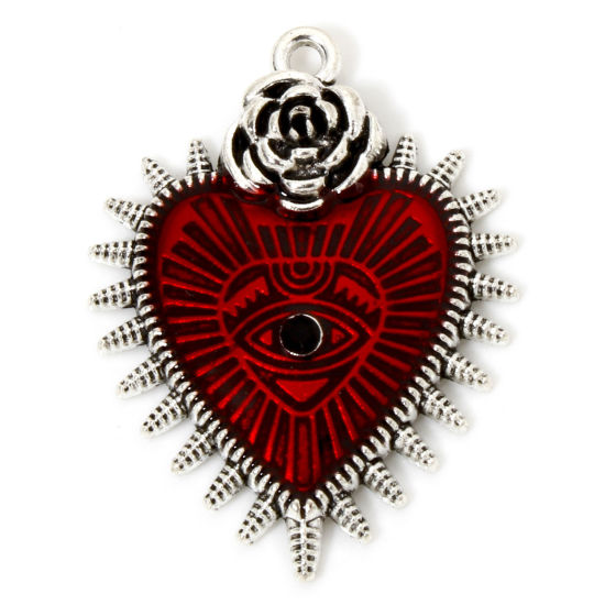 Picture of 5 PCs Zinc Based Alloy Halloween Pendants Antique Silver Color Red Ex Voto Heart Eye of Providence/ All-seeing Eye Enamel Black Rhinestone 3.3cm x 2.5cm