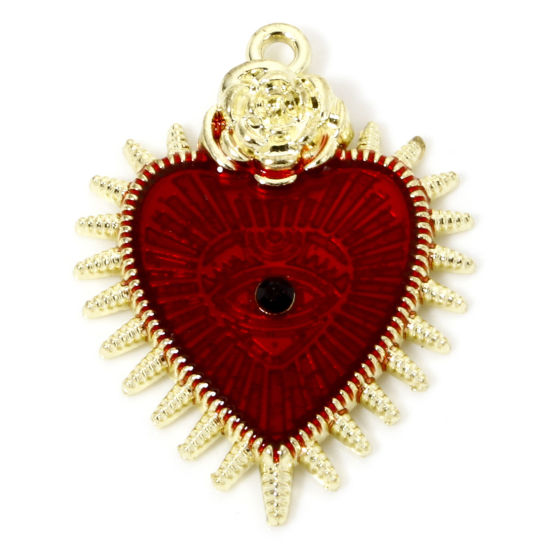 Picture of 5 PCs Zinc Based Alloy Halloween Pendants Gold Plated Red Ex Voto Heart Eye of Providence/ All-seeing Eye Enamel Black Rhinestone 3.3cm x 2.5cm