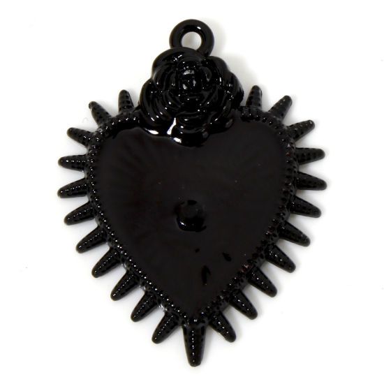 Picture of 5 PCs Zinc Based Alloy Halloween Pendants Black Black Ex Voto Heart Eye of Providence/ All-seeing Eye Enamel Black Rhinestone 3.3cm x 2.5cm