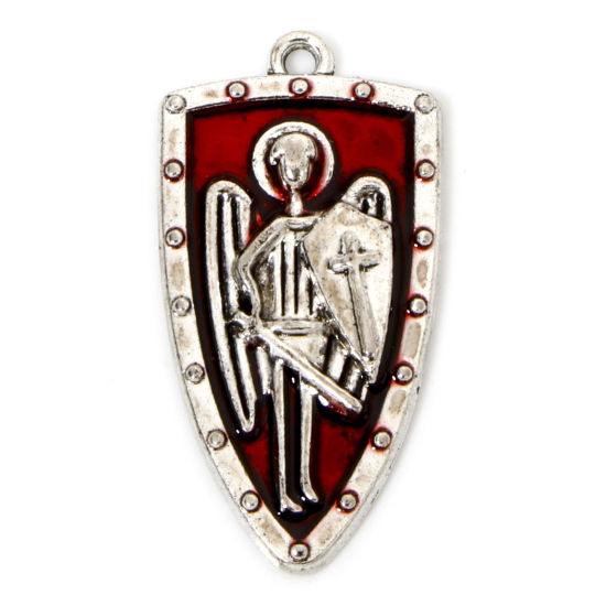 Picture of 5 PCs Zinc Based Alloy Halloween Pendants Antique Silver Color Red Shield Enamel 3.3cm x 1.7cm