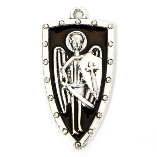 Picture of 5 PCs Zinc Based Alloy Halloween Pendants Antique Silver Color Black Shield Enamel 3.3cm x 1.7cm