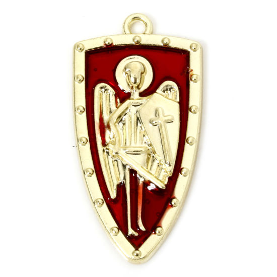 Picture of 5 PCs Zinc Based Alloy Halloween Pendants Gold Plated Red Shield Enamel 3.3cm x 1.7cm