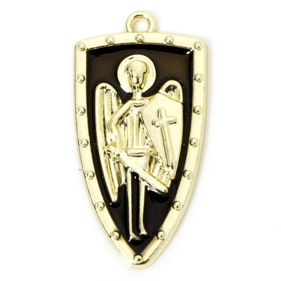 Picture of 5 PCs Zinc Based Alloy Halloween Pendants Gold Plated Black Shield Enamel 3.3cm x 1.7cm