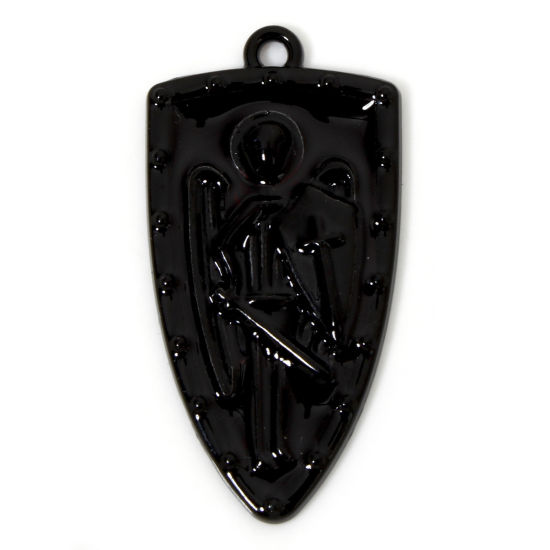 Picture of 5 PCs Zinc Based Alloy Halloween Pendants Black Black Shield Enamel 3.3cm x 1.7cm