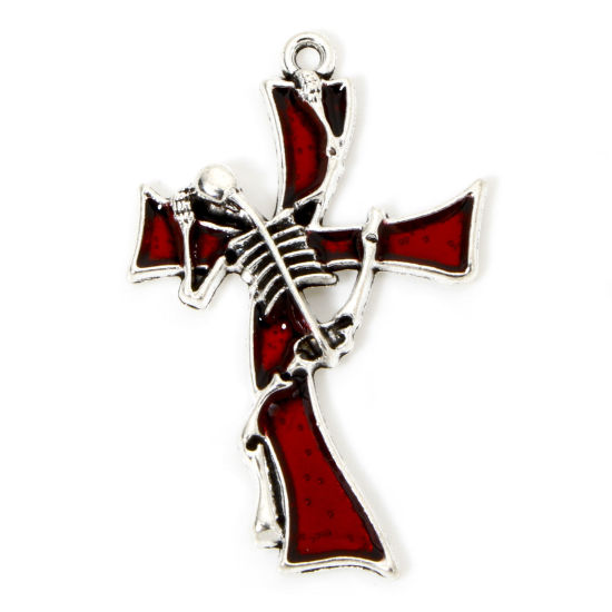 Picture of 5 PCs Zinc Based Alloy Halloween Pendants Antique Silver Color Red Cross Human Skeleton Enamel 3.7cm x 2.4cm