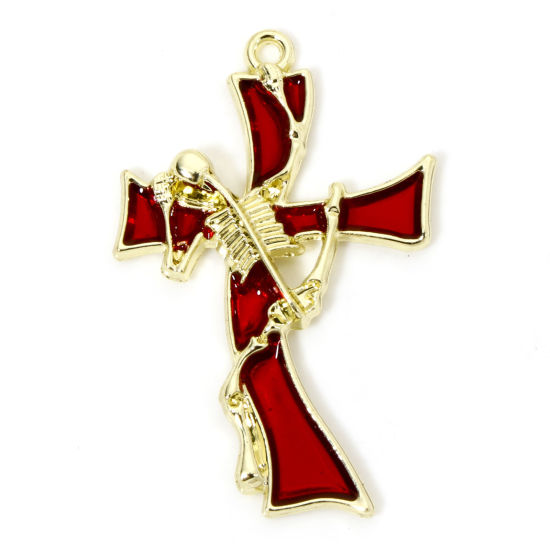 Picture of 5 PCs Zinc Based Alloy Halloween Pendants Gold Plated Red Cross Human Skeleton Enamel 3.7cm x 2.4cm