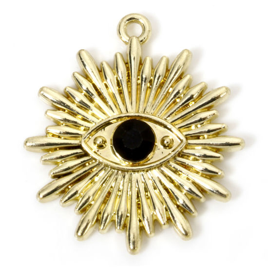 Picture of 5 PCs Zinc Based Alloy Halloween Charms Gold Plated Eye of Providence/ All-seeing Eye Black Rhinestone 28mm x 25mm