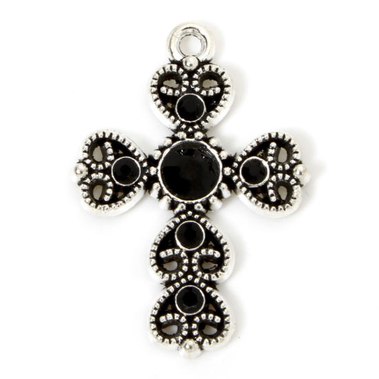 Picture of 5 PCs Zinc Based Alloy Halloween Charms Antique Silver Color Cross Heart Hollow Black Rhinestone 29mm x 20mm