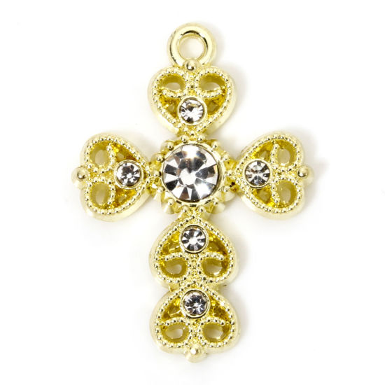 Picture of 5 PCs Zinc Based Alloy Halloween Charms Gold Plated Cross Heart Hollow Clear Rhinestone 29mm x 20mm