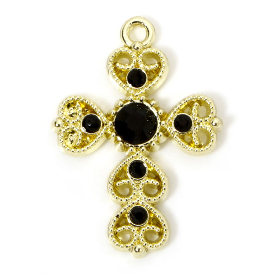 Picture of 5 PCs Zinc Based Alloy Halloween Charms Gold Plated Cross Heart Hollow Black Rhinestone 29mm x 20mm