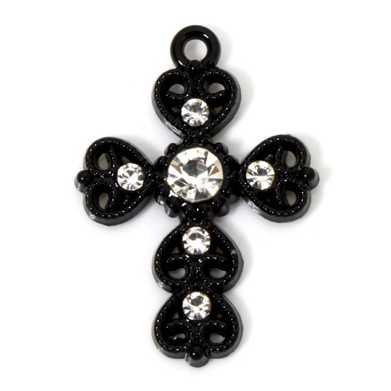 Picture of 5 PCs Zinc Based Alloy Halloween Charms Black Cross Heart Hollow Clear Rhinestone 29mm x 20mm