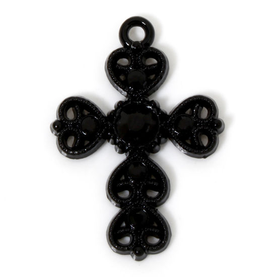 Picture of 5 PCs Zinc Based Alloy Halloween Charms Black Cross Heart Hollow Black Rhinestone 29mm x 20mm