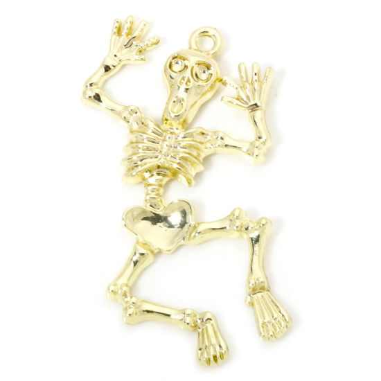 Picture of 5 PCs Zinc Based Alloy Halloween Pendants Gold Plated Skeleton Skull 5.3cm x 3.4cm