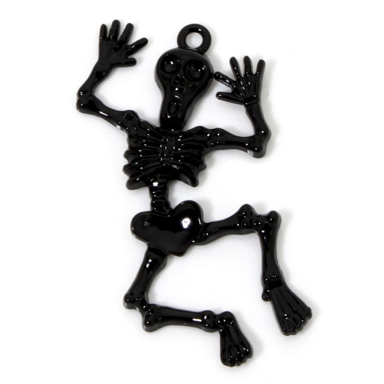 Picture of 5 PCs Zinc Based Alloy Halloween Pendants Black Skeleton Skull 5.3cm x 3.4cm