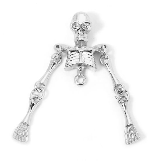 Picture of 5 PCs Zinc Based Alloy Halloween Pendants Silver Tone Skeleton Skull 4.3cm x 1.7cm