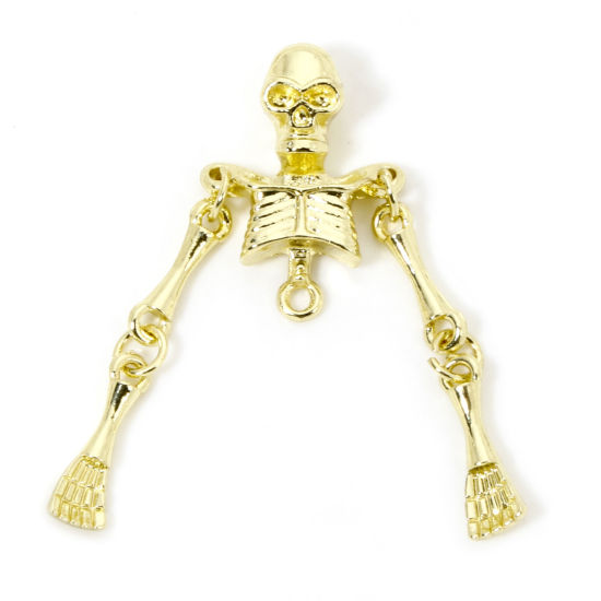 Picture of 5 PCs Zinc Based Alloy Halloween Pendants Gold Plated Skeleton Skull 4.3cm x 1.7cm