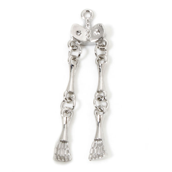 Picture of 5 PCs Zinc Based Alloy Halloween Pendants Silver Tone Skeleton Skull 4.2cm x 1.1cm