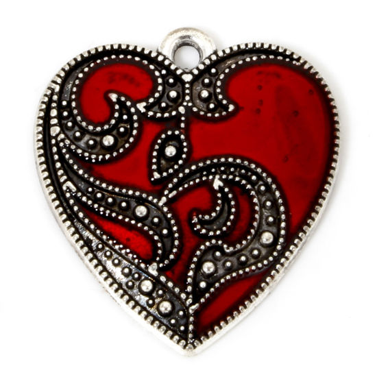 Picture of 10 PCs Zinc Based Alloy Halloween Charms Antique Silver Color Red Heart Flower Vine Enamel 23mm x 21mm