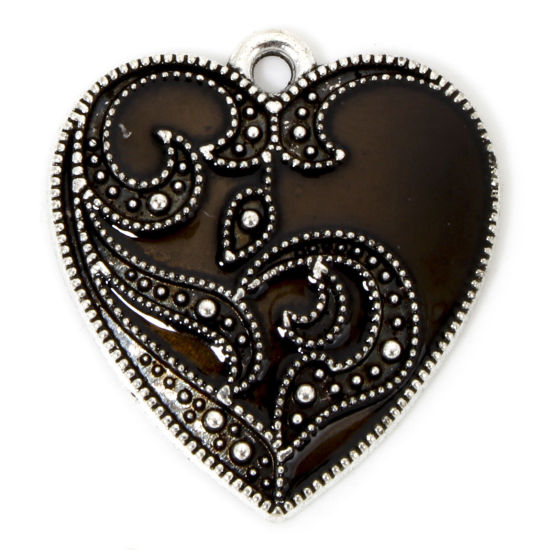 Picture of 10 PCs Zinc Based Alloy Halloween Charms Antique Silver Color Black Heart Flower Vine Enamel 23mm x 21mm