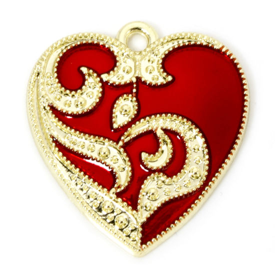 Picture of 10 PCs Zinc Based Alloy Halloween Charms Gold Plated Red Heart Flower Vine Enamel 23mm x 21mm