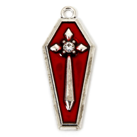 Picture of 10 PCs Zinc Based Alloy Halloween Pendants Antique Silver Color Red Coffin Cross Enamel Clear Rhinestone 3.1cm x 1.3cm