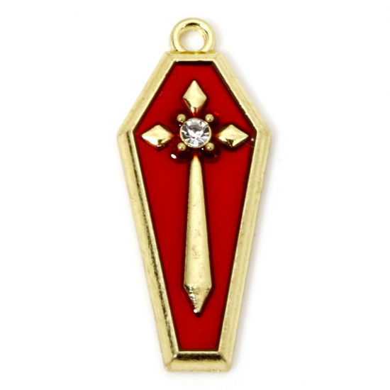 Picture of 10 PCs Zinc Based Alloy Halloween Pendants Gold Plated Red Coffin Cross Enamel Clear Rhinestone 3.1cm x 1.3cm