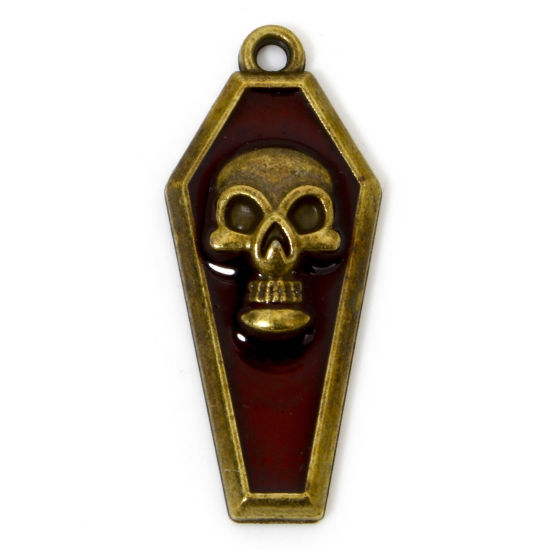 Picture of 10 PCs Zinc Based Alloy Halloween Pendants Antique Bronze Red Coffin Skull Enamel 3.2cm x 1.3cm