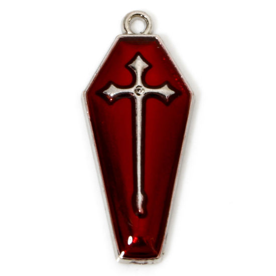 Picture of 10 PCs Zinc Based Alloy Halloween Charms Antique Silver Color Red Coffin Cross Enamel 26mm x 11mm