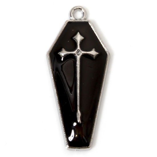 Picture of 10 PCs Zinc Based Alloy Halloween Charms Antique Silver Color Black Coffin Cross Enamel 26mm x 11mm