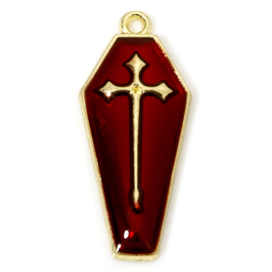 Picture of 10 PCs Zinc Based Alloy Halloween Charms Gold Plated Red Coffin Cross Enamel 26mm x 11mm