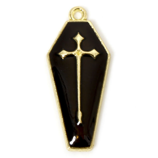 Picture of 10 PCs Zinc Based Alloy Halloween Charms Gold Plated Black Coffin Cross Enamel 26mm x 11mm