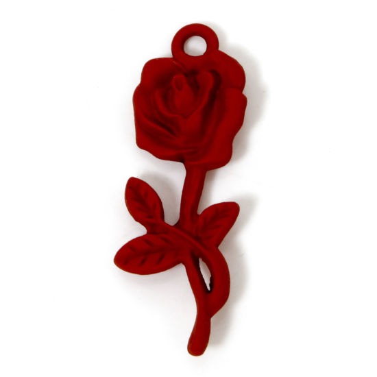 Picture of 10 PCs Zinc Based Alloy Halloween Pendants Red Rose Flower Painted 3.7cm x 1.3cm