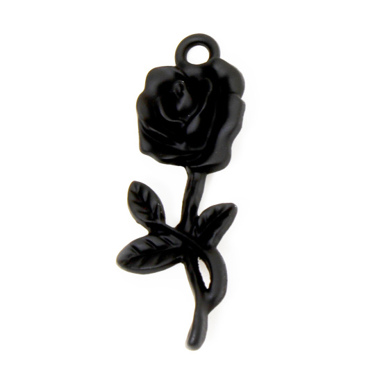 Picture of 10 PCs Zinc Based Alloy Halloween Pendants Black Rose Flower Painted 3.7cm x 1.3cm