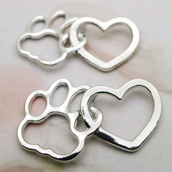 Picture of 20 PCs Zinc Based Alloy Pet Memorial Pendants Antique Silver Color Heart Paw Print Hollow 3.1cm x 2cm