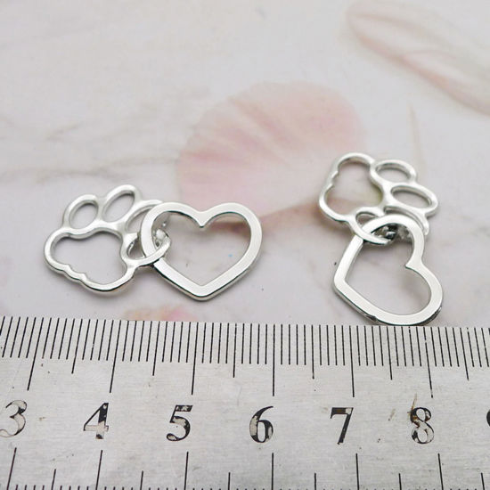 Picture of 20 PCs Zinc Based Alloy Pet Memorial Pendants Antique Silver Color Heart Paw Print Hollow 3.1cm x 2cm