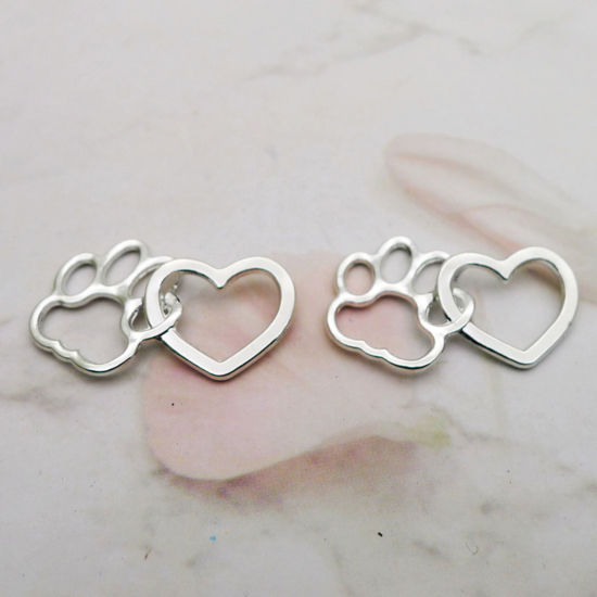 Picture of 20 PCs Zinc Based Alloy Pet Memorial Pendants Antique Silver Color Heart Paw Print Hollow 3.1cm x 2cm