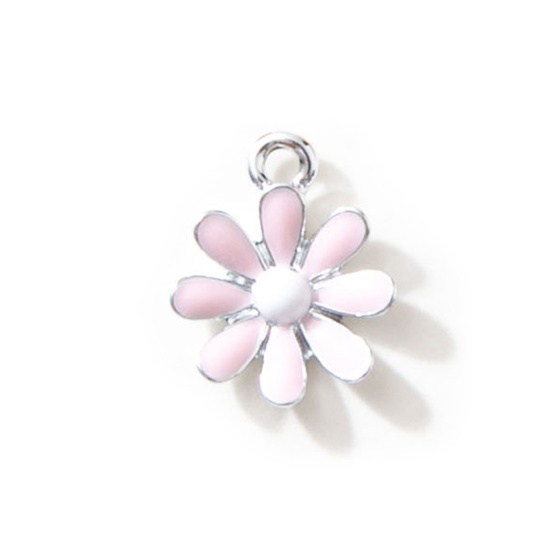 Picture of 10 PCs Zinc Based Alloy Charms Silver Tone Pink Daisy Flower Enamel 17.5mm x 14mm