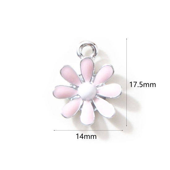 Image de 10 Pcs Breloques en Alliage de Zinc Argent Mat Rose Marguerite Émail 17.5mm x 14mm