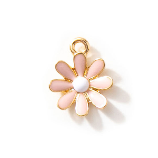 Picture of 10 PCs Zinc Based Alloy Charms Gold Plated Pink Daisy Flower Enamel 17.5mm x 14mm