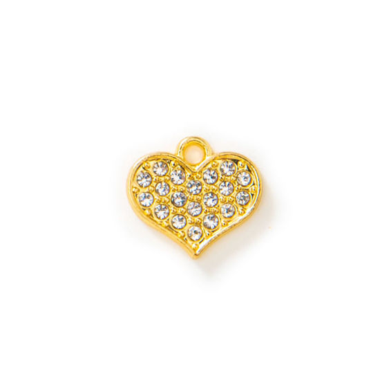 Picture of 10 PCs Zinc Based Alloy Valentine's Day Charms Gold Plated Heart Micro Pave Clear Rhinestone 15mm x 13mm