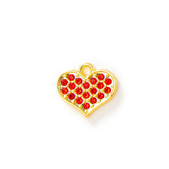 Picture of 10 PCs Zinc Based Alloy Valentine's Day Charms Gold Plated Heart Micro Pave Red Rhinestone 15mm x 13mm