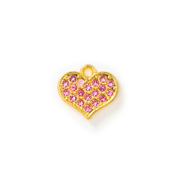 Picture of 10 PCs Zinc Based Alloy Valentine's Day Charms Gold Plated Heart Micro Pave Pink Rhinestone 15mm x 13mm