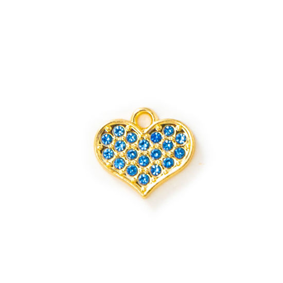 Picture of 10 PCs Zinc Based Alloy Valentine's Day Charms Gold Plated Heart Micro Pave Blue Rhinestone 15mm x 13mm