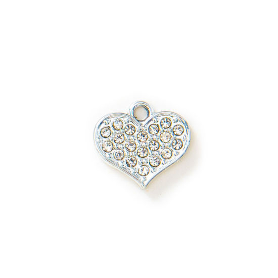 Picture of 10 PCs Zinc Based Alloy Valentine's Day Charms Silver Tone Heart Micro Pave Clear Rhinestone 15mm x 13mm