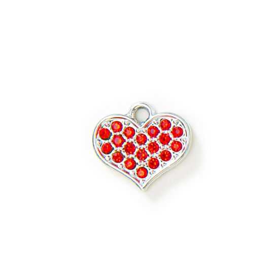 Picture of 10 PCs Zinc Based Alloy Valentine's Day Charms Silver Tone Heart Micro Pave Red Rhinestone 15mm x 13mm