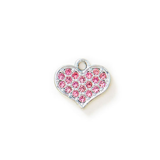 Picture of 10 PCs Zinc Based Alloy Valentine's Day Charms Silver Tone Heart Micro Pave Pink Rhinestone 15mm x 13mm