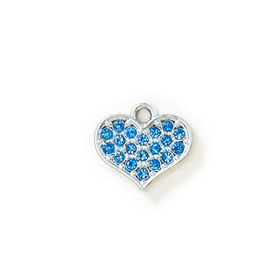 Picture of 10 PCs Zinc Based Alloy Valentine's Day Charms Silver Tone Heart Micro Pave Blue Rhinestone 15mm x 13mm