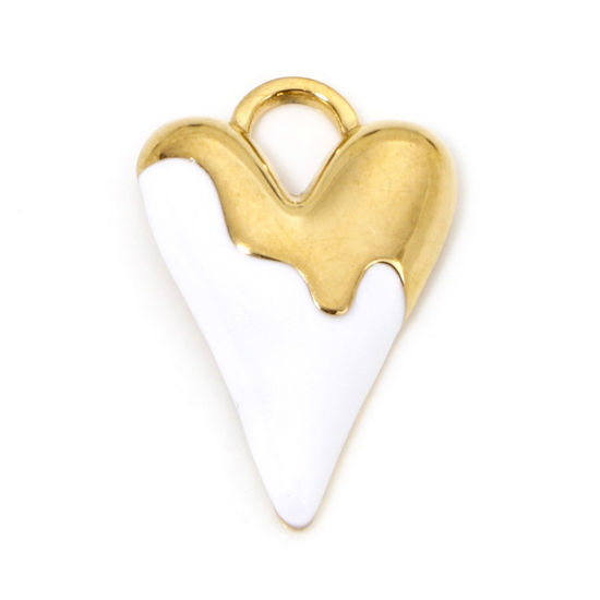 Picture of 1 Piece Vacuum Plating 304 Stainless Steel Valentine's Day Charms Gold Plated White Heart Enamel 25.5mm x 17mm